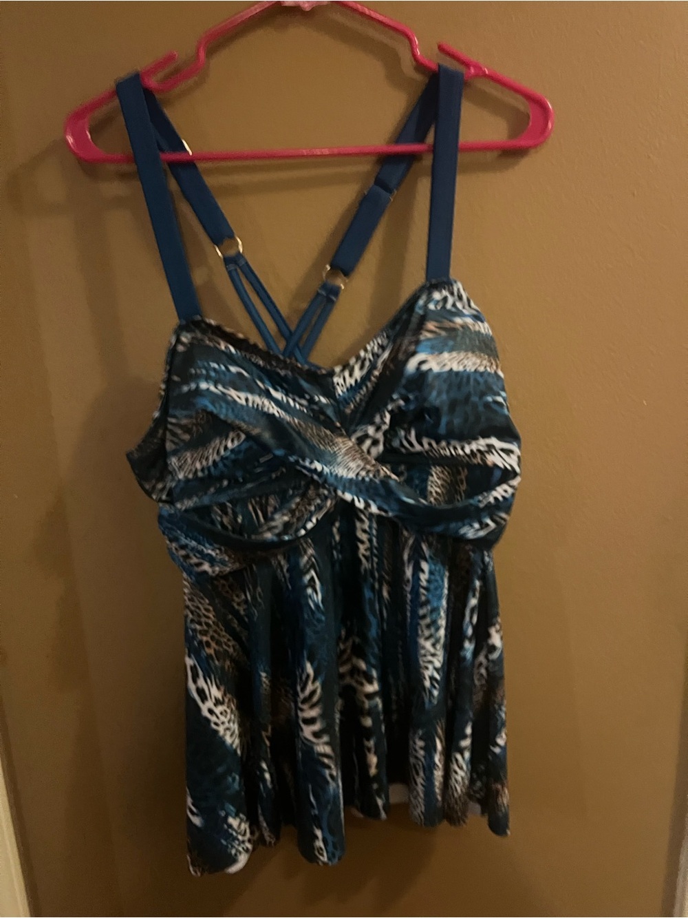 Amazon Women Swim Teal Blue Black Patterned Tankini Top